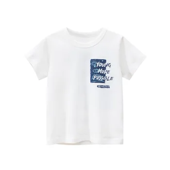 Летни детски дрехи 2023 г., нова тениска за момчета с писмото принтом, долната риза с къс ръкав за малко момче, памучни блузи