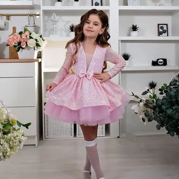 Блестяща розова рокля с цветя модел за момичета, V-образно деколте, дълги ръкави, детско празнична рокля с дължина до коляното, До нова година облекло, подаръци за деца