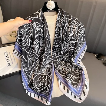 Нов дизайн, която симулира естествена коприна с принтом рози 110 см, слънцезащитен многоцелеви женски шал-хиджаб за пътуване
