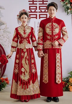 2023, Дрехи за наздравици в китайски стил, двойка Чонсам, бродерия на Червения дракон и феникс, традиционната сватбена рокля Ципао
