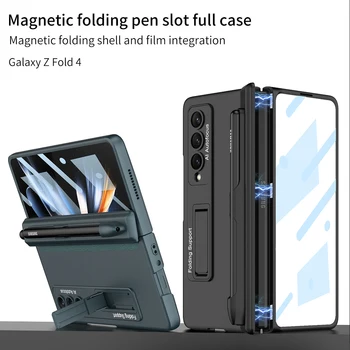 с едно докосване на писалка за Samsung Galaxy Z Fold 4 3 5G Калъф магнитен панта слот за писалка със стъкло отпред на екрана за капак Fold 3 4