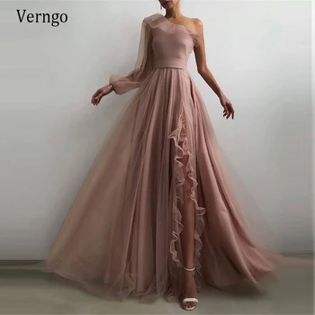 Verngo Елегантни работа-розови тюлевые дълги рокли за абитуриентски бал с ръкави с едно рамо и къдри, вечерни рокли трапецовидна форма, женствена рокля за специални случаи