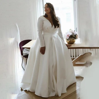 Плюс размера на Сватбена рокля с дълъг ръкав Плажни сватбени рокли Оверсайз сватбени рокли Boho robe de mariée Пушистое vestidos de новия