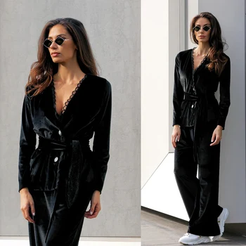 Черен женски сако с V-образно деколте, однобортный завързана яке + широки панталони, висококачествено кадифе дамски офис облекло