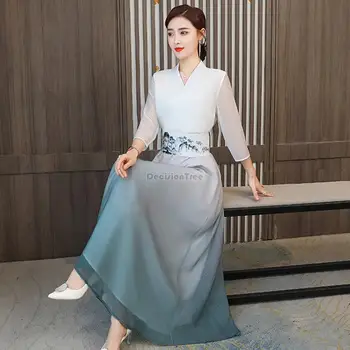 2023 по-добра рокля hanfu в китайския национален стил на дзен-чаено рокля с кръстосано яка и дълги ръкави, елегантна рокля фея, лятно s428