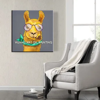 Най-добрите умения на художник, ръчно рисувани, съвременна живопис с маслени бои от жълтата алпака за всекидневната, уникална декоративна картина със забавни животни