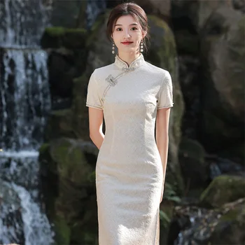 Жена ципао в ориенталски стил, дантелено рокля с флорални принтом и къс ръкав, кремаво-бял китайски традиционен костюм за момичета Рокли