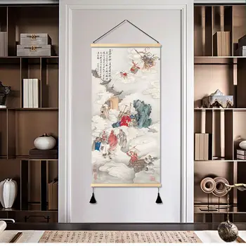 Китайски стил, стенописи под формата на свитъци с изображение на Бога на богатството, ретро декор, естетически плакати за декорация на дома в стил фън шуй в хола
