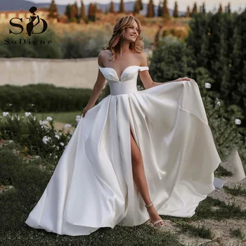 Бели сватбени рокли SoDigne, атласное сватбена рокля 2023 с открити рамене, vestido de noiva, булката рокля по поръчка