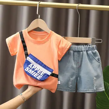 Детски дрехи Лято 2023, нова красива корейска версия, однотонная тениска с къс ръкав и кръгло деколте, тенденция ежедневни тениска от две части