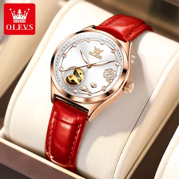 OLEVS Елегантен модерен спортен часовник-автоматични механични дамски часовници са най-добрата марка на Луксозни дамски ръчен часовник с каишка за часовник от естествена кожа