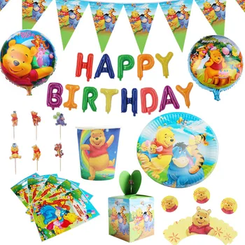 Украса за парти в чест на рождения ден на Мечо Пух, набор от прибори за еднократна употреба, чиния, салфетка, банер, слама балон, аксесоари за детската душа