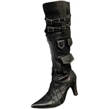 Стръмни черни ботуши в стил ретро, дамски 2023, новост зимата, престрелки ботуши с нитове, черни ботуши до коляното на високи остри токчета, размер обувки дантела 40