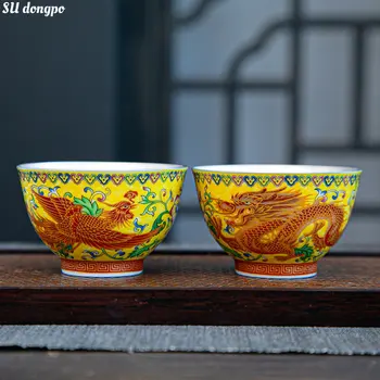 Чаена чаша с дракон и Фениксом, сребърно покритие, жълта/синя, керамични чаши чай в китайски стил, чаша Архата, домашна чаена чаша, бизнес подаръци