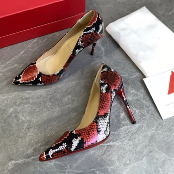 Висококачествени дамски обувки на висок ток, луксозни модни дамски обувки с червена подметка с блестящи кристали, класически дизайнерски обувки в стил ретро с висок ток 10 см 1494HJ