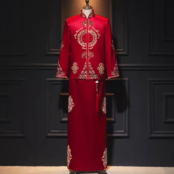 Атласное сватбена рокля за булката в китайски стил, винтажное мъжки сватбена рокля с бродерия дракон, пайети, сватбен костюм Тан, дрехи китайски дрехи