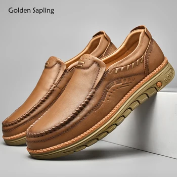 Модни лоферы Golden Sapling, мъжки ежедневни обувки от естествена кожа, дишащи мъжки лоферы на равна подметка за почивка, класически лоферы на платформата в ретро стил