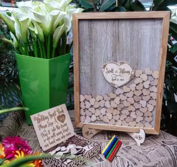 персонализирайте дървена Сватба алтернативна Кутия за книга за Гости със сърца Mr & Mrs Guest Book Алтернативни маркови бижута