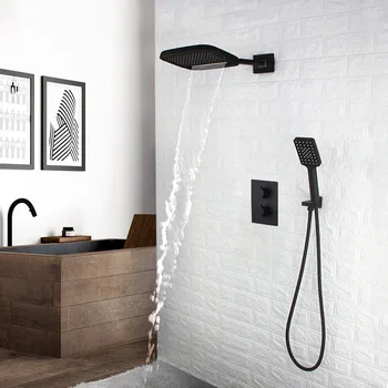 Накрайник за душ с дъждовно водопад, стенен монтаж на месинг смесител за душ, пълен комплект, термостатичен душ в банята