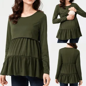 Блуза за бременни и кърмачки жена, тениски с дълъг ръкав за бременни жени, на много нива основни ежедневни блузи за бременни, однотонная риза, тениска