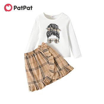 PatPat комплект от 2 теми, тениска с дълги ръкави и шарките момичета, комплект с пола в клетката и накъдрен