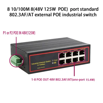 Switch POE стандарта 802.3 AF/AT 48 OUT/48V, промишлен POE комутатор Ethernet с 8 порта, 10/100 Mbit/s