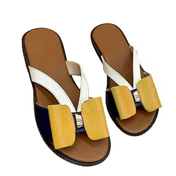 Модни дамски чехли с лък, удобна пързалка с отворени пръсти и хубав лък, плажни сандали на равна подметка за улицата