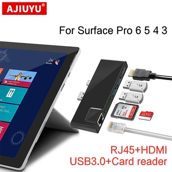 AJIYUU USB 3.0 Хъб за Microsoft Surface Pro 3 4 5 6 Четец на карти SD/TF micro SD слот Зарядно устройство за 4K, HDMI, докинг станция, Gigabit Ethernet адаптер