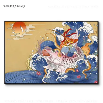 Талантлив художник, боядисване, качество на изкуството, специална снимка с маслени бои, за залавяне на котки върху платно, маслени бои за риболов в японски стил