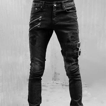 Мъжки тесни байкерские скъсани дълги дънкови панталони, тесни дънки с джобове, ремъци и мълния, мъжки панталони за джогинг, разрушени ластични панталони