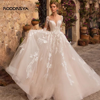 RODDRSYA Сватбени рокли луксозни 2023, секси рокля на булката а-силует, с копчета отзад, вечерна рокля с дълги ръкави, вечерна рокля по поръчка