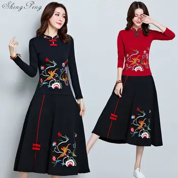 Китайски източен женски комплект от две части, пролетта и есента брючный костюм, женски ретро елегантен женски костюм с пола с флорални принтом Q458