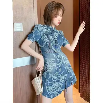 2023 подобряване на рокля-чонсам в китайски стил hanfu яка ципао, джинсовое рокля-чонсам в етнически стил с висока яка и бродерия в етнически стил