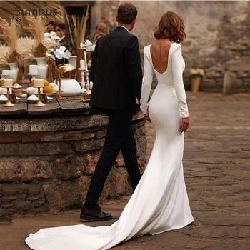 Sumnus Модерна сватбена рокля на Русалка с квадратна деколте и дълги ръкави, меко атласное сватбена рокля U-образна форма с отворен гръб, рокля на булката