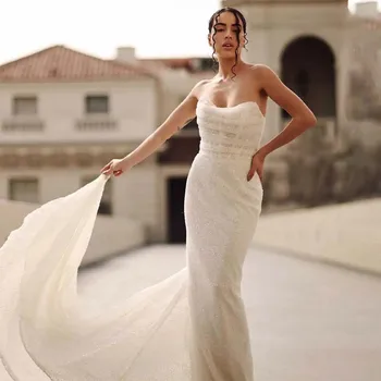 Зашеметяващи сватбени рокли на русалка с V-образно деколте, бродирани с мъниста и пайети, зашити на поръчка за младоженци, отглеждани в 2024 година, Rode De Morrie