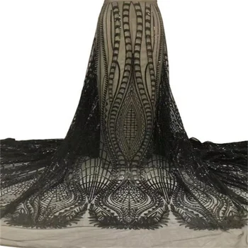 Черна африканска лейси плат с пайети, френска лейси плат 2023, висококачествени дантела от млечен коприна за сватбена рокля