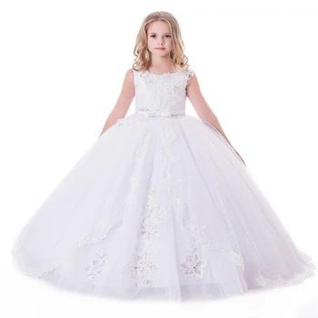 Бели рокли с цветя модел за момичета на сватбата Дантелено празнична рокля за момичета, детски рокли на принцеси за първо причастие