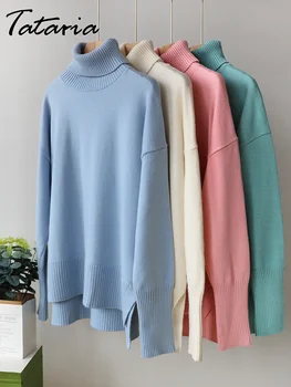 Висококачествени turtlenecks голям размер за жени, есента ретро бежово вязаный пуловер с цепка отстрани, мек топъл пуловер за момичета, жилетка