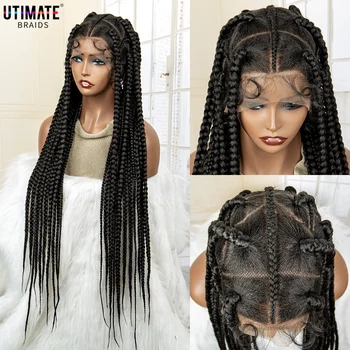 Синтетични големи плетени перуки без възли HD Full Lace перука с детски коса за черни жени 36 инча Черен сплетен перука