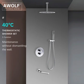 Awolf Термостатичен Смесител За Душ От Хромирана масивен Месинг Душ Система За Банята, с монтиран на стената Вграден Черен Смесител За Вана AH3061