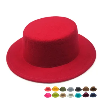 Елегантни британски дамски шапки с широка периферия, шапки-бомбета, филц шапки с плосък покрив, женски обикновена вълна джаз шапки