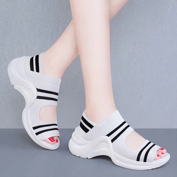 Нови дамски сандали 2023 г., дамски обувки на платформа и висок ток, летни дамски сандали на равна подметка, възли ежедневни дамски сандали без обков с отворени пръсти