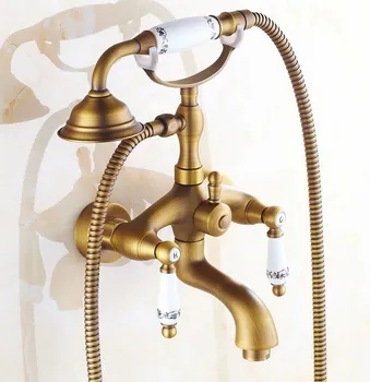 Античен месинг стенен смесител за баня, двойни керамични дръжки, ръчен душ в стил на телефона, смесител за вана за крака atf312