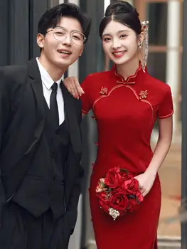 Yourqipao / облекло за тост на булката в китайски стил Чонсам, червената рокля за годеж, подобрено сватбена рокля за жени с черно ход, облекло за сватбеното парти