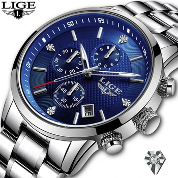 LIGE мъжки Часовници Най-добрата марка на луксозни Напълно стомана водоустойчив часовник на бизнес-елит Мода часовници Мъжки часовници Relogio Masculino + кутия