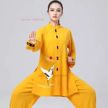 2023 китайска реколта памучен бельо облекла кунг-фу, тай-чи, бойни изкуства тайцзицюань ушу униформи ретро върхове с принтом журавля + комплект панталон