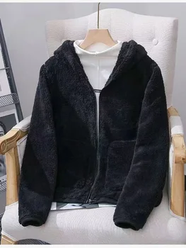 Зимни дамски кадифе удебелена топло яке с качулка с цип, палто с високо воротом и джоб, ежедневното, голям размер, бюст, 116 см, свободно палто, върхове