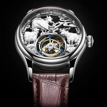 Нови мъжки часовници с турбийоном под формата на скелет на овца на Зодиака, най-добрата марка за луксозни часовници с турбийоном, мъжки механични часовници, кожени мъжки часовник