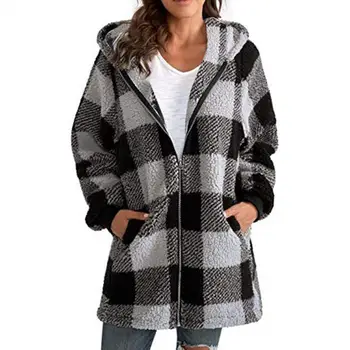 Дамско палто, клетчатая яке-жилетка с цип, с качулка, свободни джобове, есенно-зимно палто от дебел плюш, градинска облекло