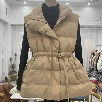 Есенно-зимно яке без ръкави, пуховик, жилетка с колан, женски топло корейското модно палто в стил харадзюку, яка-часова, жилетка с цип